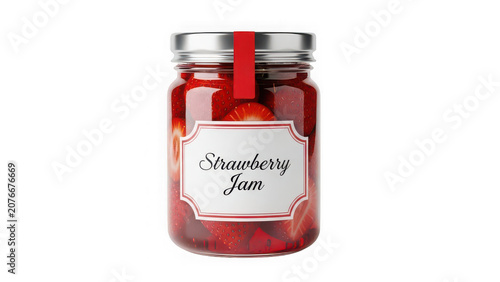 A glass jar of strawberry jam with a red label isolated on transparent background