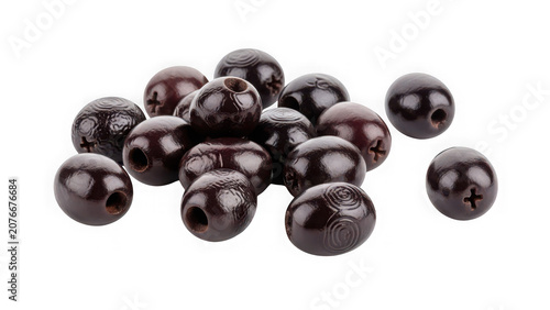 Group of pitted black olives isolated on transparent background