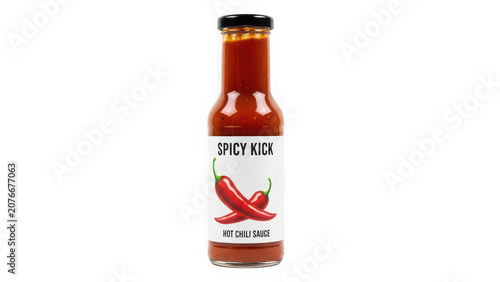 A glass bottle of spicy kick hot chili sauce isolated on transparent background