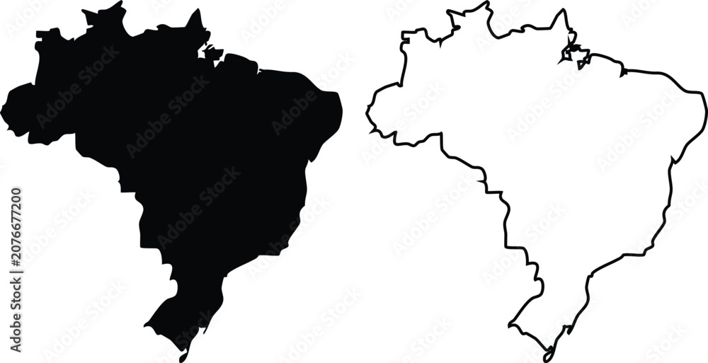 Obraz premium Brazil Map Outline and Silhouette Vector Illustration on White Background