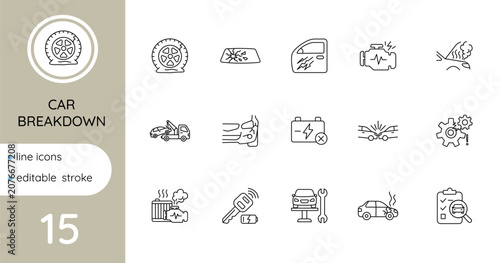 Set of linear icons: car damage and breakdowns. Editable stroke.