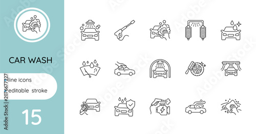 Car wash icon set, linear, editable stroke