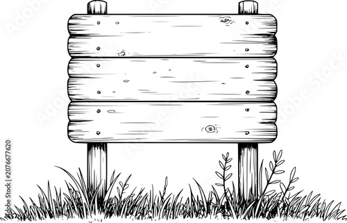 Vászonkép 野生の牧草地の草の中に立つ、空白の木製看板の手書きの白黒イラスト