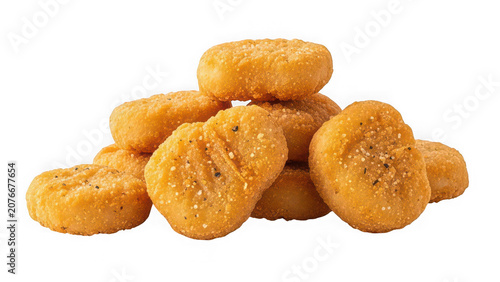 A pile of crispy breaded chicken nuggets isolated on transparent background