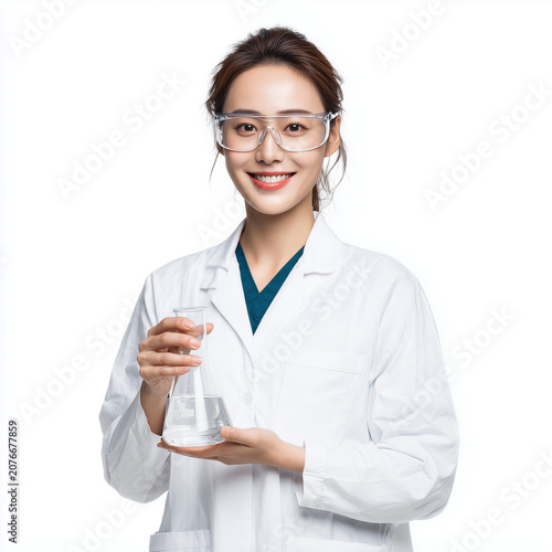Female Scientist Holding Laboratory Flask, Scientific Research and Biotechnology Concept