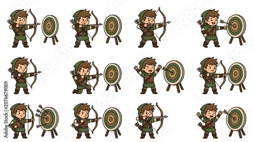 Foto Cartoon archer characters shooting at wooden targets.