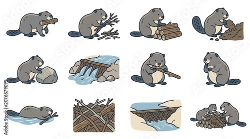 Obraz na płótnie Cartoon beaver illustrations building wooden dams in the river.