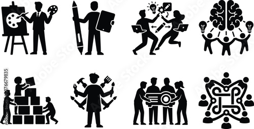 Creative teamwork and business brainstorming vector silhouette icon set for innovation and collaboration graphic designs.