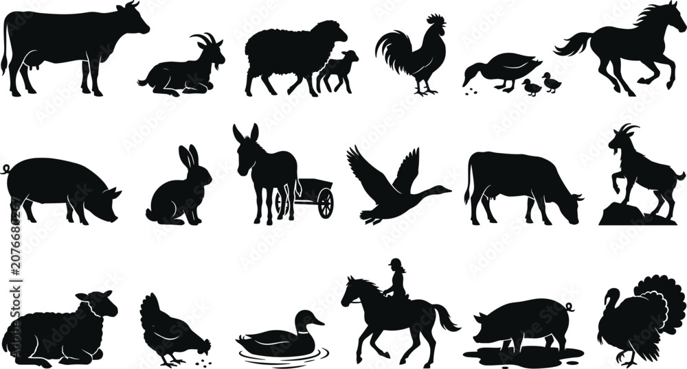 Fototapeta premium Farm Animal Silhouette Icon Set – Domestic Livestock and Poultry Vector Collection for Agriculture