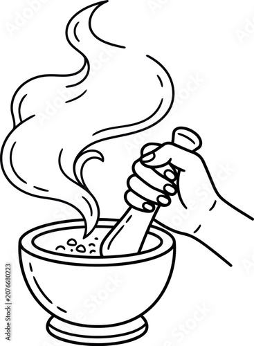 Mortar and pestle line art vector illustration, hand grinding herbs or magic potion concept