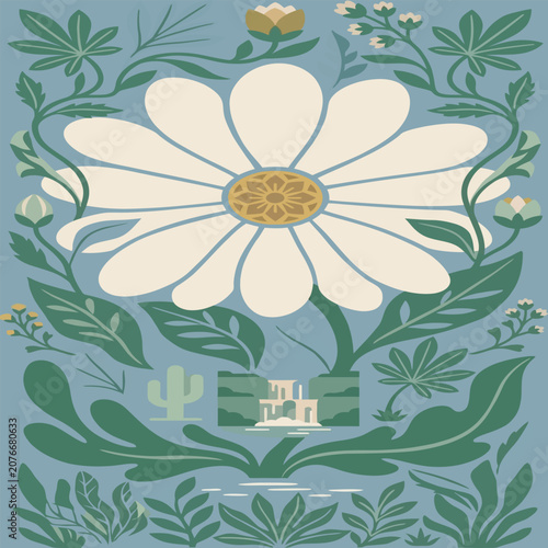 Folk Art Style Botanical Poster Design In Green Pastel Tones