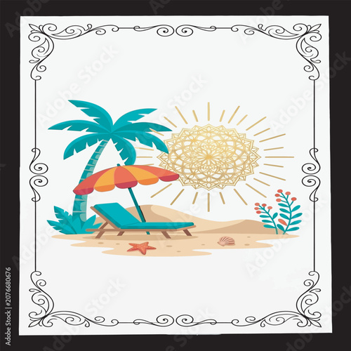 Vintage Style Tropical Beach Card With Golden Mandala Sun