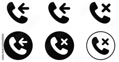 Foto Phone call icons set, incoming, outgoing, and missed call indicators for communication applications, mobile interface navigation, contact management system, and digital connectivity