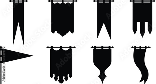 Medieval Banner Silhouette Collection with Hanging Flags and Heraldic Pennant Vector Set