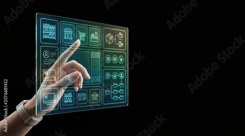 Hand interacting with a futuristic transparent screen displaying various digital icons.