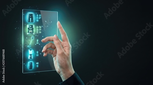 Hand interacting with futuristic transparent screen displaying digital icons.