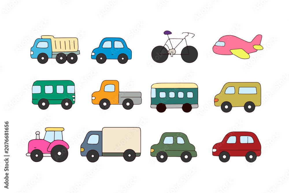 Fototapeta premium Colorful toy transportation vehicles and kids cars icons set on white background