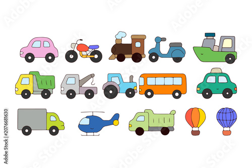 Collection of Colorful Cartoon Transportation Vector Icons Including Cars Trucks Bus and Planes
