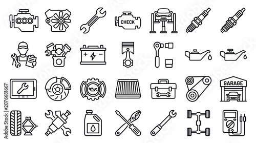 Foto Automotive parts and mechanical tool line icons.