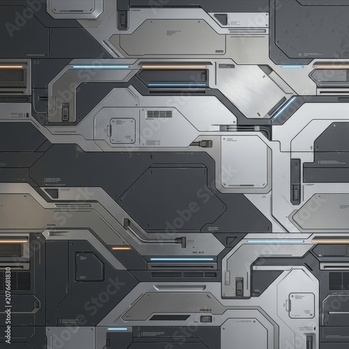High-tech seamless background with detailed metallic panels, grilles, and glowing neon lights in a futuristic, industrial, or sci-fi style. Ideal for technology and gaming.
