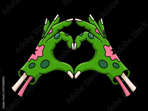 Cartoon zombie hands forming a heart shape on black background