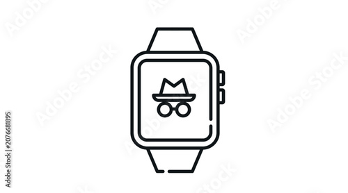 Smartwatch incognito icon: wearable smart watch displaying private browsing spy hat and glasses symbol on screen, minimalist black line art vector.