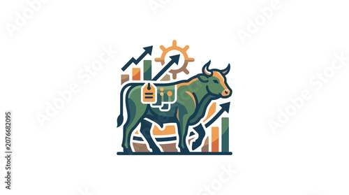 Obraz na plátně Green bull with upward arrows graph.