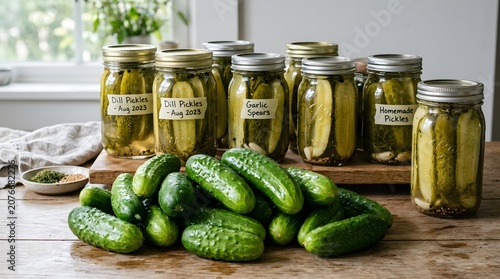 Fresh pickled cucumbers and jars on a wooden kitchen table with a blurred background