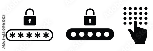 Foto Pin code icon set, keypad symbols, password authentication locks, secure login elements, digital security interface, access control, privacy protection, and cybersecurity concepts