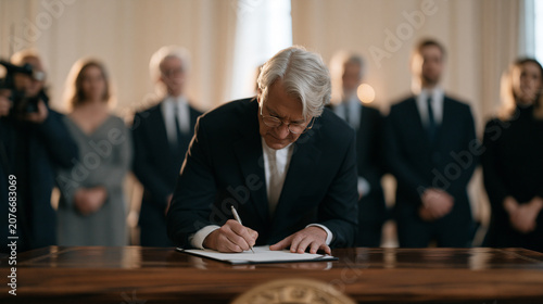 Policy director leaning over mahogany table signing landmark reform document while department heads and legal team stand in formal semicircle, official government photographer