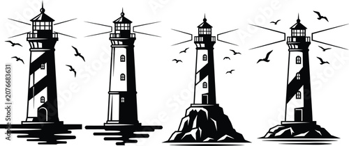 Photos Vintage Lighthouse Engraving Vector Illustration Set