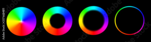 Rainbow circle radial gradient frames pack isolated on black background. Vibrant spectrum color ring wheel with full hues range. Round RGB palette. Vector illustration