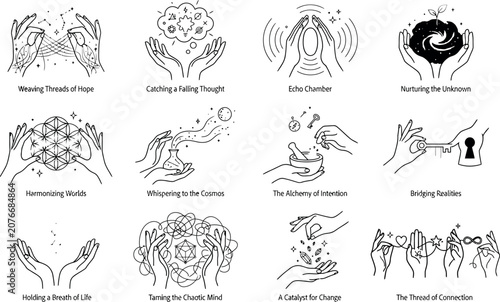 Mystical hand gestures line art vector illustrations set, spiritual and cosmic symbols