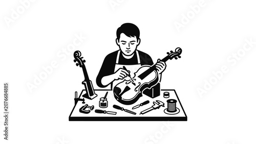 Violin Maker Crafting Instrument With Tools Workshop