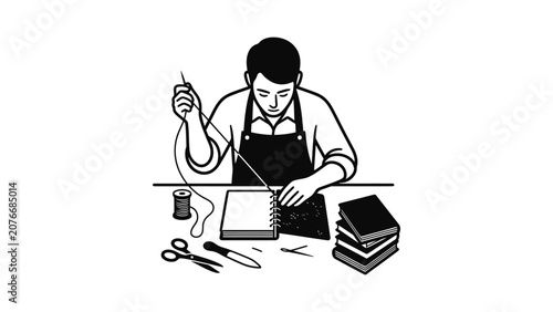Craftsman Hand Sewing Book Binding with Thread Needle Scissors and Stacked Books