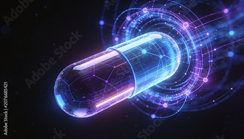 Digital health pill represents advanced smart medicine, futuristic biotechnology, and genetic engineering for innovative healthcare solutions and drug delivery systems on a dark background