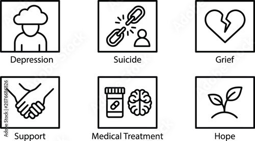A collection of black and white line art icons depicting various mental health concepts including depression grief suicide support medical treatment and feelings of hope