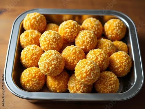 Crunchy boondi laddu arranged neatly in a tray, golden brown color, boondi, gold