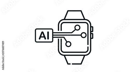 Smartwatch artificial intelligence icon: wearable smart watch displaying AI neural network symbol on screen, minimalist black line art vector illustration.