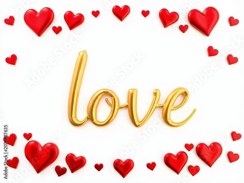 Luxury gold foil effect lettering with red hearts on a white background, delicate, ||luxurious