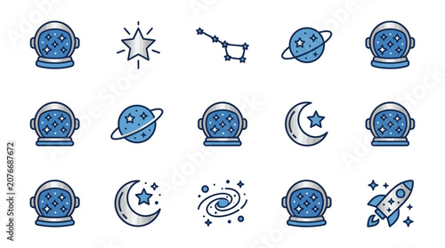 Tableau sur toile Blue line art space astronomy and constellation icons.