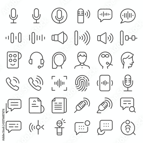Voice and Audio Communication Line Icons Set – Microphone, Waveform, Speaker, Call