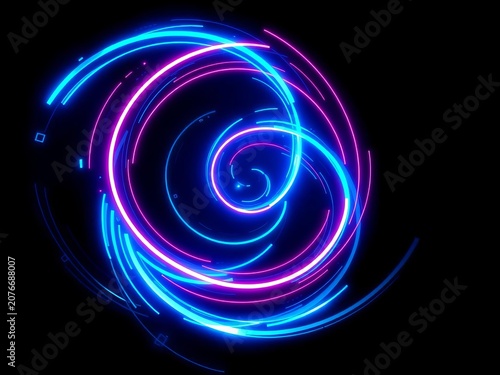Neon blue cyber sigils swirling in a spiral shape, abstract, design elements