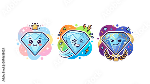 Diamond mascot emotions including happy star sparkle stress effort and champion honor set.