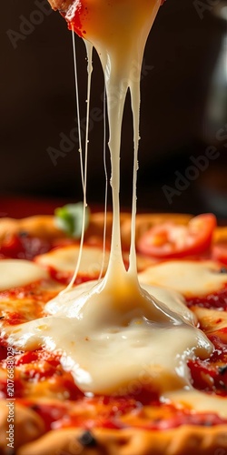 Melted mozzarella cheese drizzles down crispy crust, cartoon, stringy.