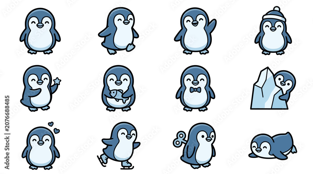 Fototapeta premium Blue penguin characters with vintage wind-up keys.
