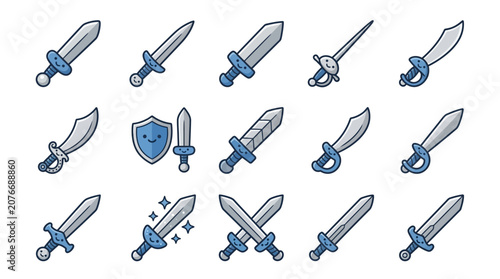 Fotografija Blue steel sword icons for gaming assets.