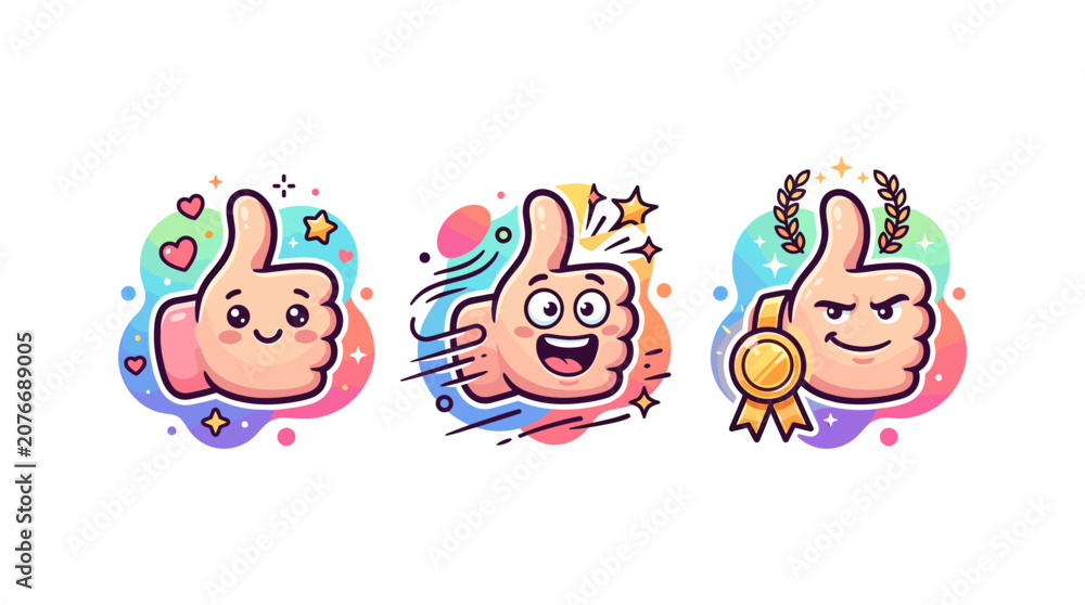 Fototapeta premium Cute thumb up hand, dynamic thumbs up hand with speed lines, premium thumbs up with medal.