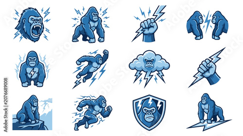 Photography Blue electric gorilla superhero and sports mascot set.