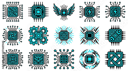 Foto Blue glowing CPU circuit board and microchip icon collection.